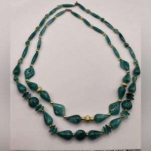 Vintage Two Faux Malachite Acrylic Bead Necklaces 24” and 28”